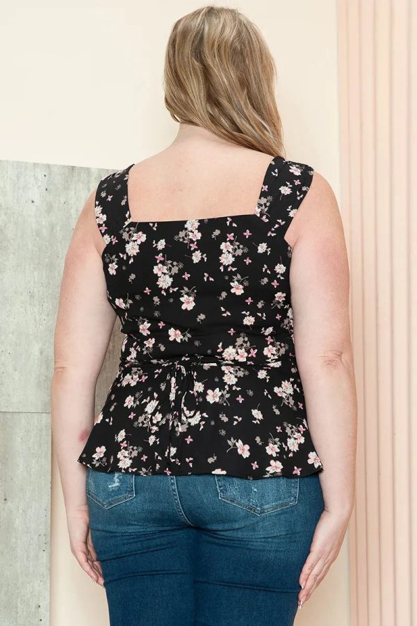 Junior Plus Size Floral Print Sweetheart Neckline Peplum Sleeveless Summer Top - Image 4