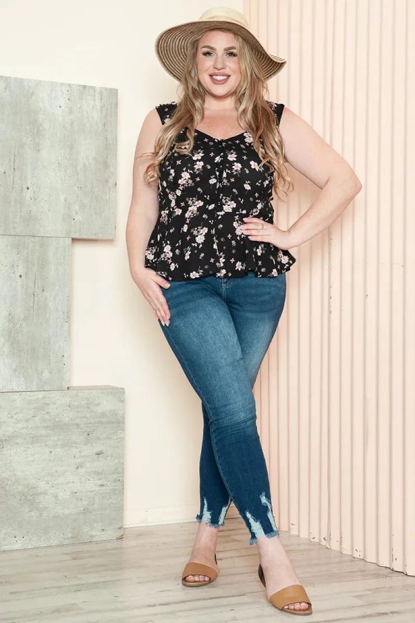 Junior Plus Size Floral Print Sweetheart Neckline Peplum Sleeveless Summer Top - Image 6