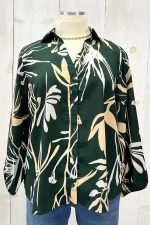 Plus Size Forest Green Tropical Botanical Print Button Down Long Sleeve Blouse - Image 4