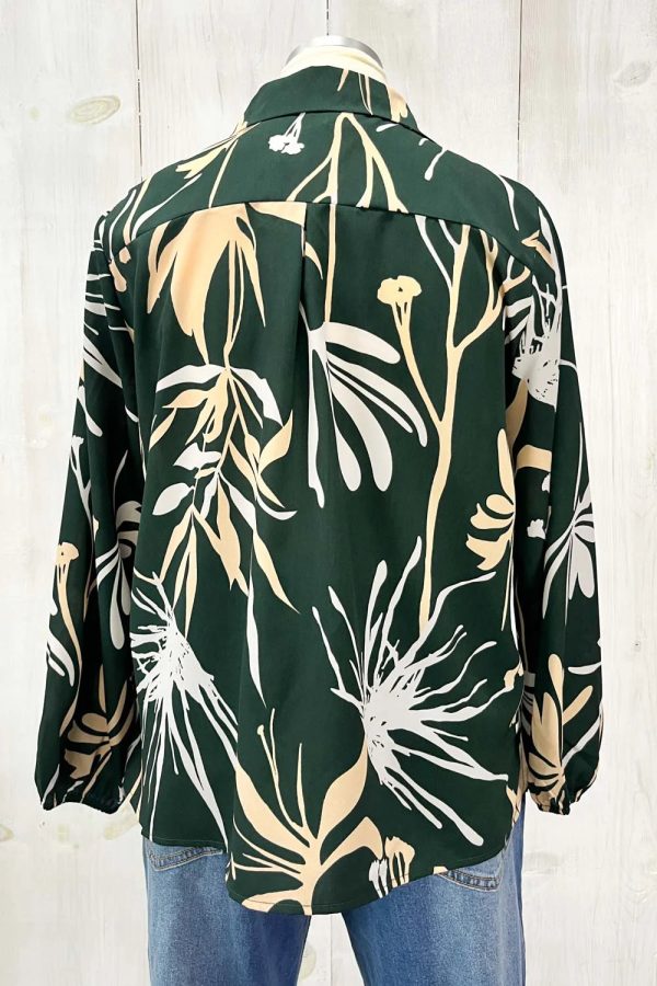 Plus Size Forest Green Tropical Botanical Print Button Down Long Sleeve Blouse - Image 5
