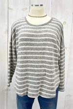 Plus Size Grey Cream Striped Long Sleeve Scalloped Hem Relaxed Fit Knit Top - Image 5