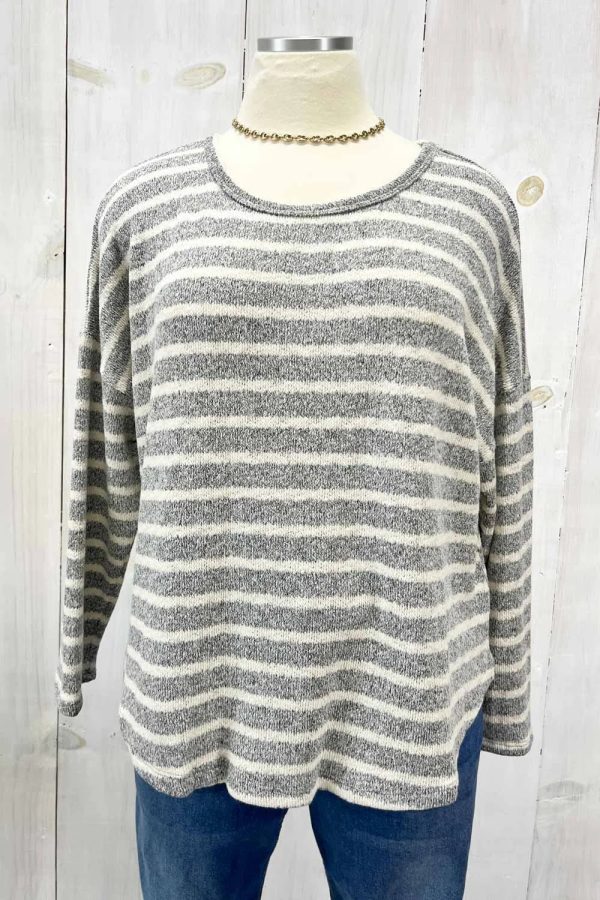 Plus Size Grey Cream Striped Long Sleeve Scalloped Hem Relaxed Fit Knit Top - Image 5