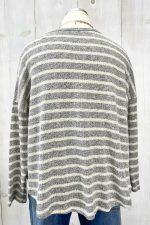Plus Size Grey Cream Striped Long Sleeve Scalloped Hem Relaxed Fit Knit Top - Image 6