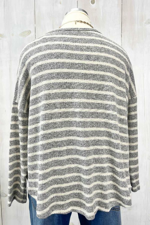 Plus Size Grey Cream Striped Long Sleeve Scalloped Hem Relaxed Fit Knit Top - Image 6