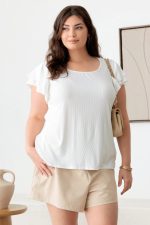 Plus Size Short Fluttery Sleeves Round Neck Ribbed Top - Image 12