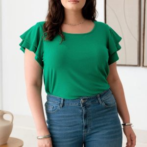 Plus Size Short Fluttery Sleeves Round Neck Ribbed Top