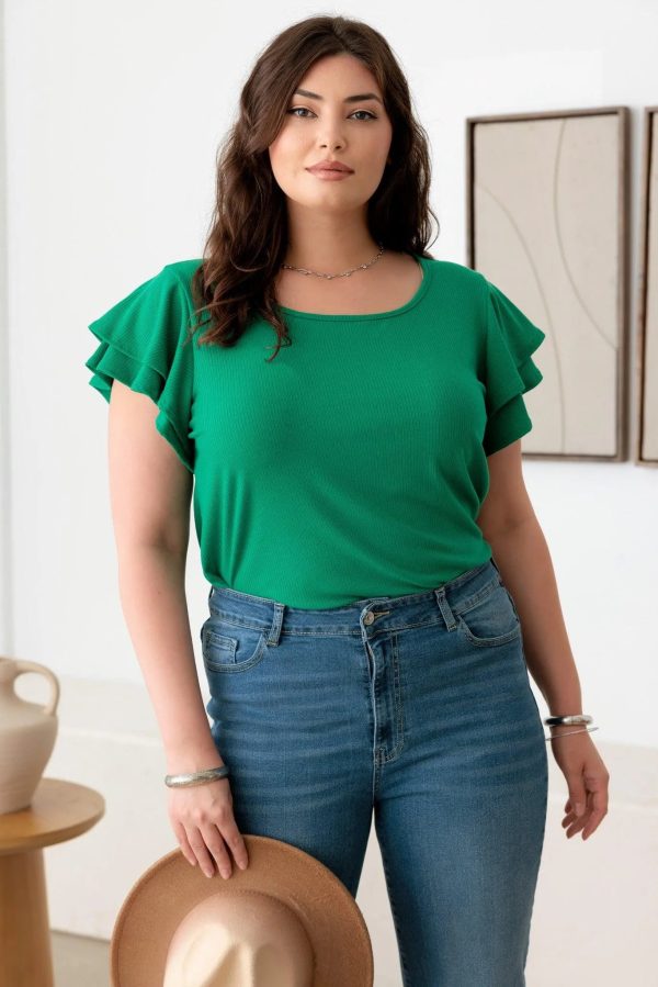 Plus Size Short Fluttery Sleeves Round Neck Ribbed Top - Image 1