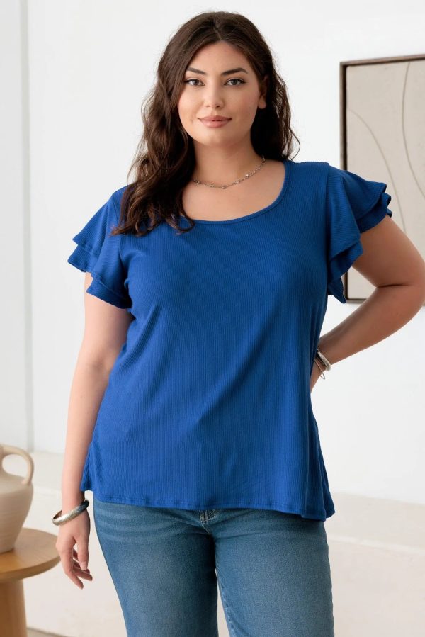 Plus Size Short Fluttery Sleeves Round Neck Ribbed Top - Image 5