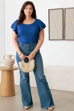 Plus Size Short Fluttery Sleeves Round Neck Ribbed Top - Image 8
