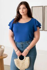 Plus Size Short Fluttery Sleeves Round Neck Ribbed Top - Image 7