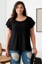 Plus Size Short Fluttery Sleeves Round Neck Ribbed Top - Image 9