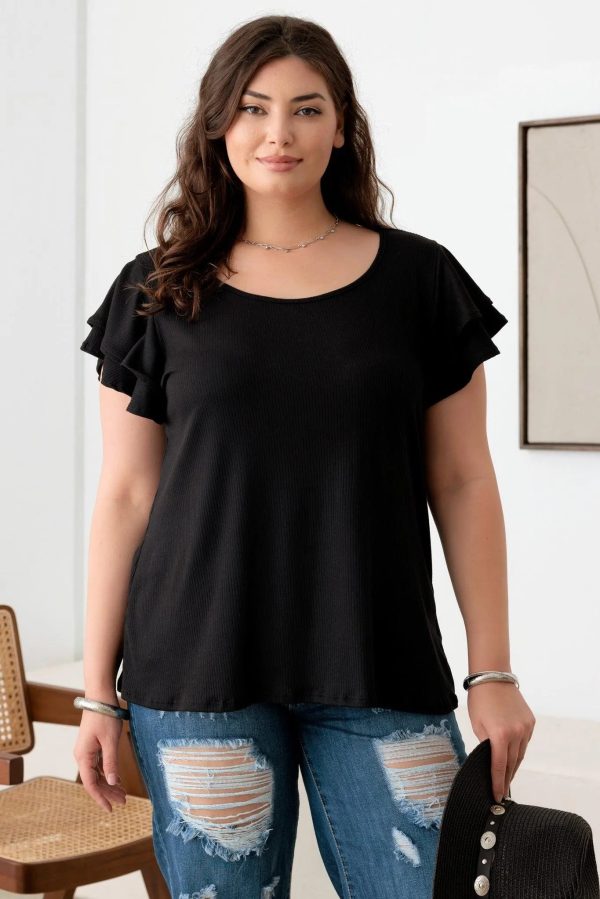 Plus Size Short Fluttery Sleeves Round Neck Ribbed Top - Image 9