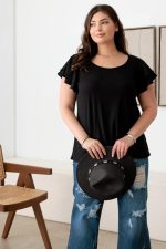 Plus Size Short Fluttery Sleeves Round Neck Ribbed Top - Image 11