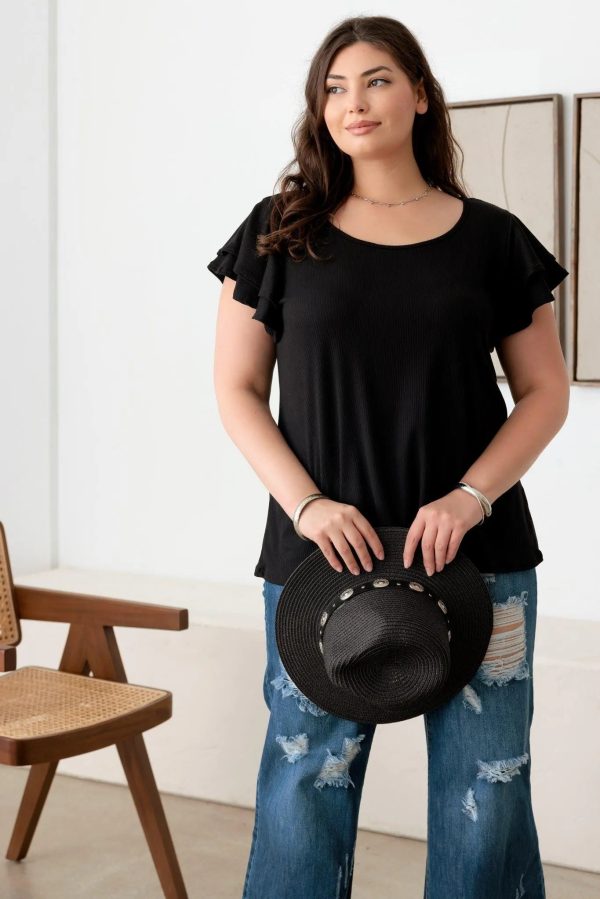 Plus Size Short Fluttery Sleeves Round Neck Ribbed Top - Image 11