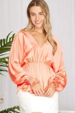 Plus Size Silky V-Neck Smocked Cuffs Peplum Blouse - Elegant Flowy Top - Image 5