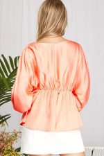 Plus Size Silky V-Neck Smocked Cuffs Peplum Blouse - Elegant Flowy Top - Image 6