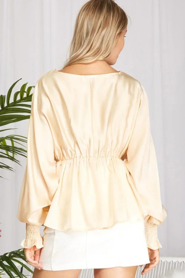Plus Size Silky V-Neck Smocked Cuffs Peplum Blouse - Elegant Flowy Top - Image 8