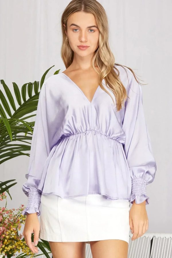 Plus Size Silky V-Neck Smocked Cuffs Peplum Blouse - Elegant Flowy Top - Image 9