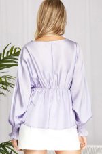 Plus Size Silky V-Neck Smocked Cuffs Peplum Blouse - Elegant Flowy Top - Image 10