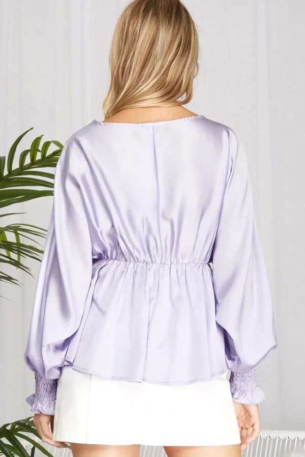 Plus Size Silky V-Neck Smocked Cuffs Peplum Blouse - Elegant Flowy Top - Image 10