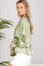 Plus Size Silky V-Neck Smocked Cuffs Peplum Blouse - Elegant Flowy Top - Image 3