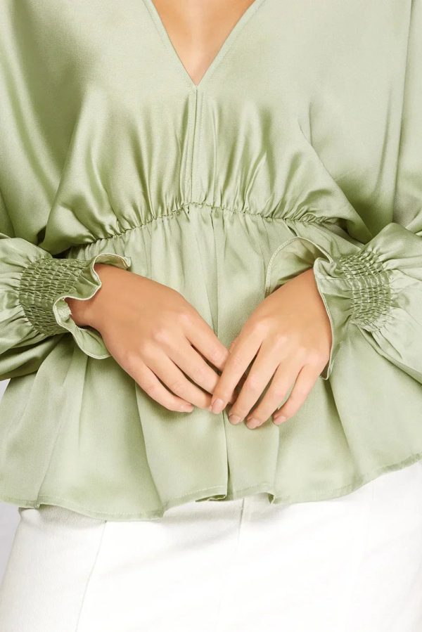 Plus Size Silky V-Neck Smocked Cuffs Peplum Blouse - Elegant Flowy Top - Image 2