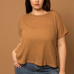 Plus Size Waffle Crew Neck Twisted Back Top