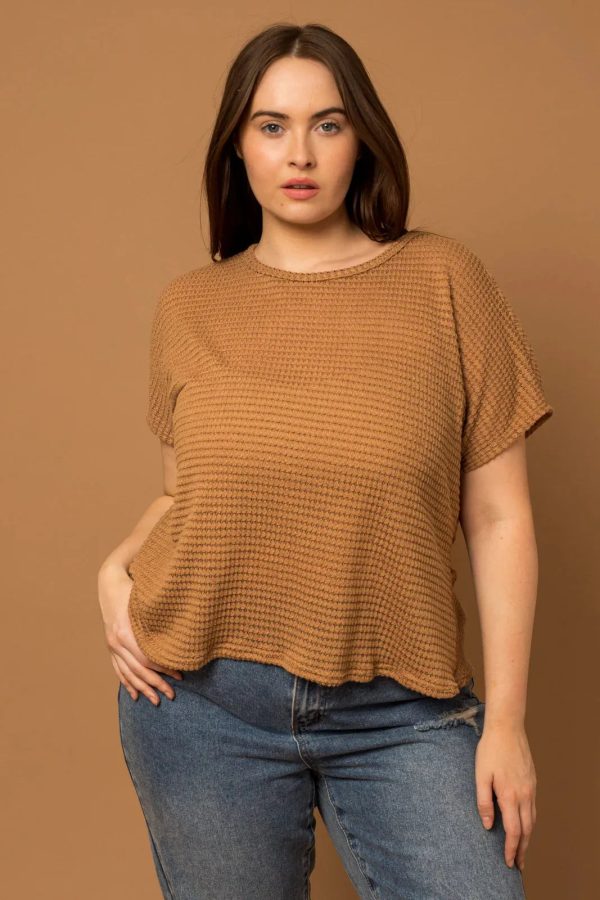 Plus Size Waffle Crew Neck Twisted Back Top - Image 1