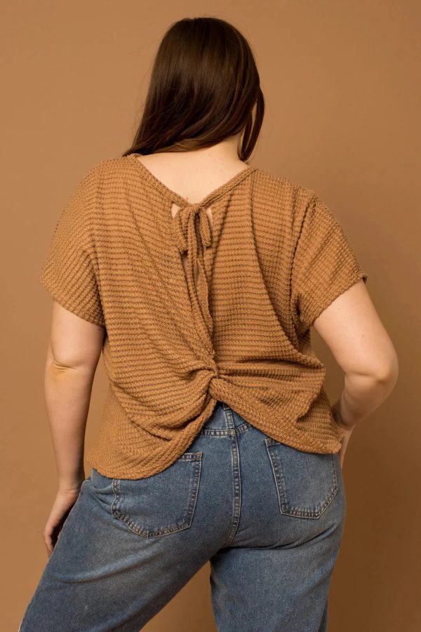 Plus Size Waffle Crew Neck Twisted Back Top - Image 2