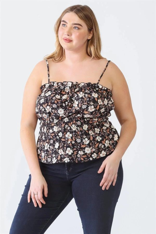 Plus Size Blush Floral Print Ruffle Trim Smocked Bodice Cami Top - Image 7
