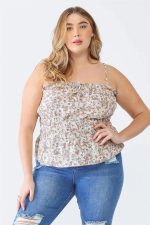 Plus Size Blush Floral Print Ruffle Trim Smocked Bodice Cami Top - Image 5