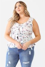 Junior Plus Size Floral Print Sweetheart Neckline Peplum Sleeveless Summer Top - Image 7