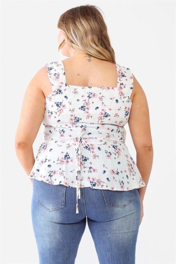 Junior Plus Size Floral Print Sweetheart Neckline Peplum Sleeveless Summer Top - Image 8