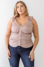 Junior Plus Champagne Ruched Button-Up Ruffle Strap Smocked Back Tank Top /1-1-1