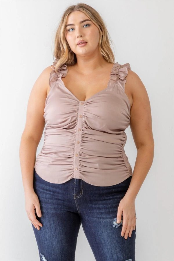 Junior Plus Champagne Ruched Button-Up Ruffle Strap Smocked Back Tank Top /1-1-1 - Image 1