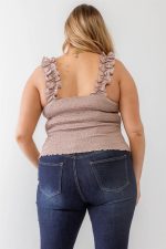 Junior Plus Champagne Ruched Button-Up Ruffle Strap Smocked Back Tank Top /1-1-1 - Image 2