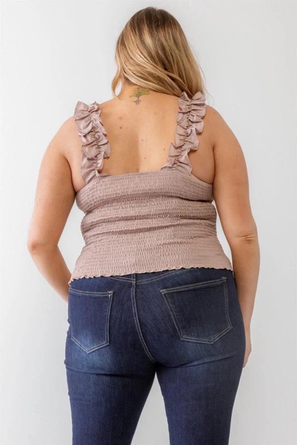Junior Plus Champagne Ruched Button-Up Ruffle Strap Smocked Back Tank Top /1-1-1 - Image 2