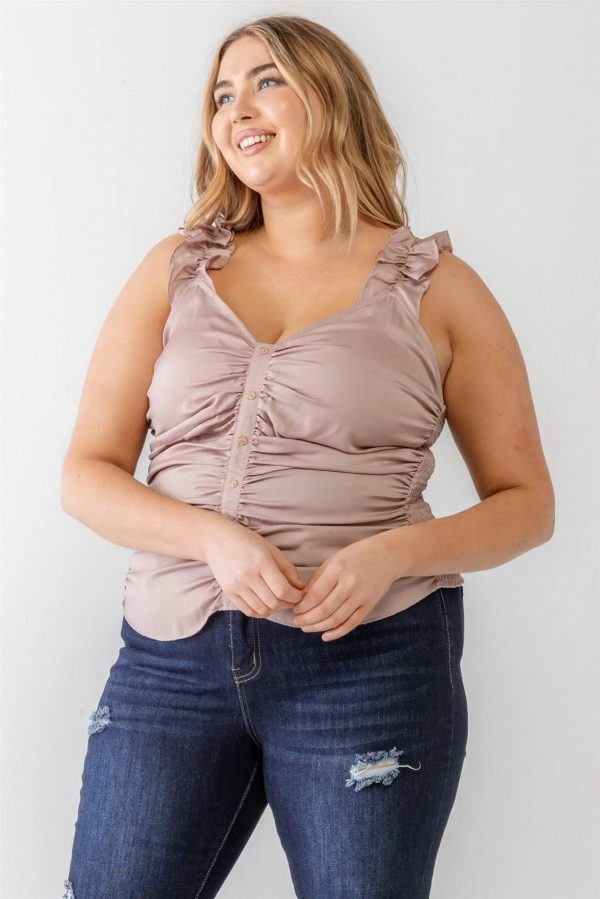 Junior Plus Champagne Ruched Button-Up Ruffle Strap Smocked Back Tank Top /1-1-1 - Image 3