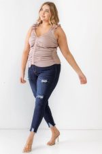 Junior Plus Champagne Ruched Button-Up Ruffle Strap Smocked Back Tank Top /1-1-1 - Image 4