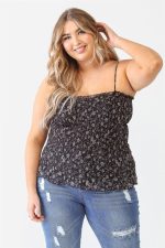 Junior Plus Size Black Floral Ruched Sleeveless Top