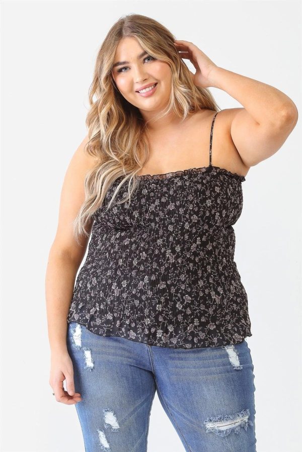 Junior Plus Size Black Floral Ruched Sleeveless Top - Image 1