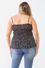 Junior Plus Size Black Floral Ruched Sleeveless Top - Image 2