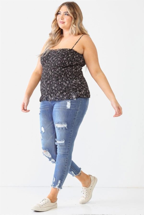 Junior Plus Size Black Floral Ruched Sleeveless Top - Image 3