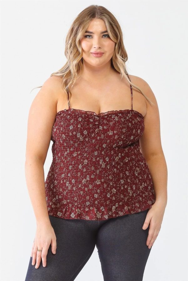 Junior Plus Size Burgundy Floral Ruched Sleeveless Top - Image 1