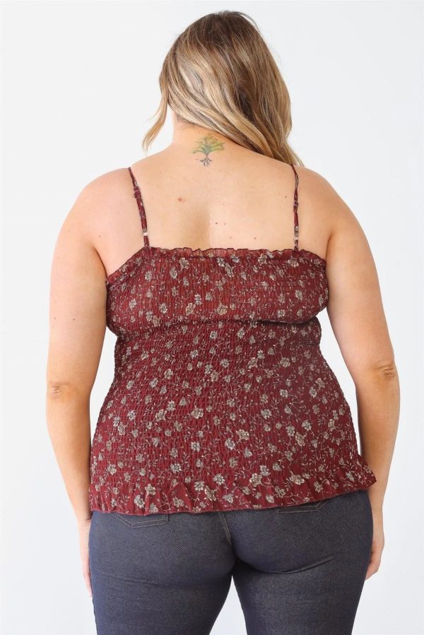 Junior Plus Size Burgundy Floral Ruched Sleeveless Top - Image 2