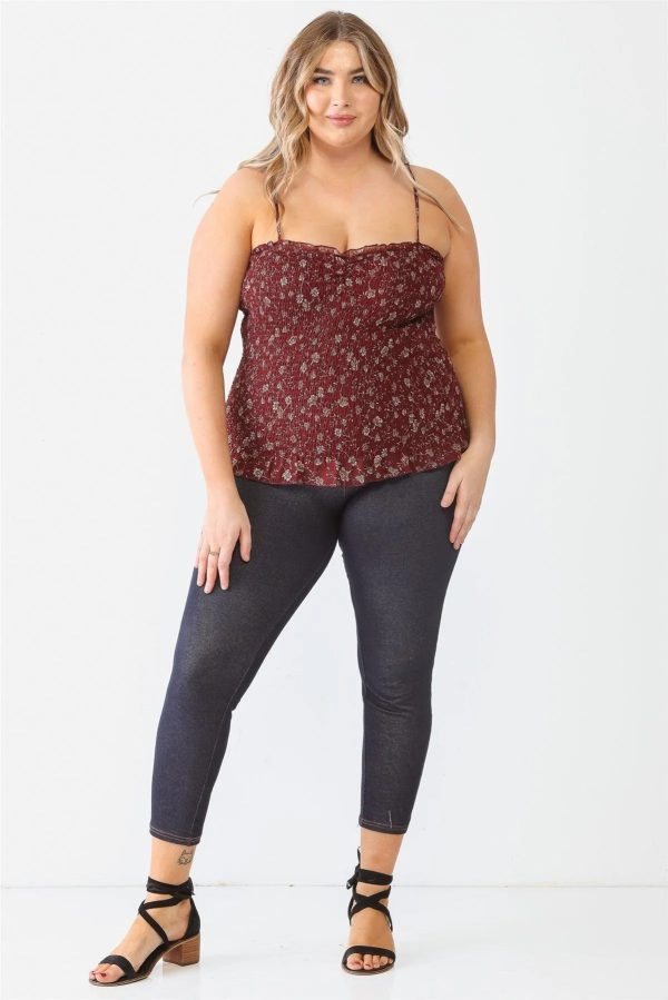 Junior Plus Size Burgundy Floral Ruched Sleeveless Top - Image 3