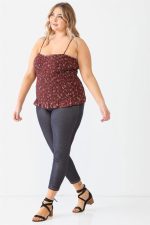 Junior Plus Size Burgundy Floral Ruched Sleeveless Top - Image 4