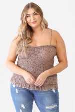 Junior Plus Size Mocha Floral Ruched Sleeveless Top