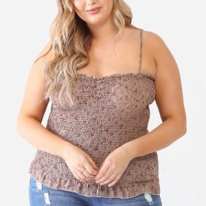 Junior Plus Size Mocha Floral Ruched Sleeveless Top