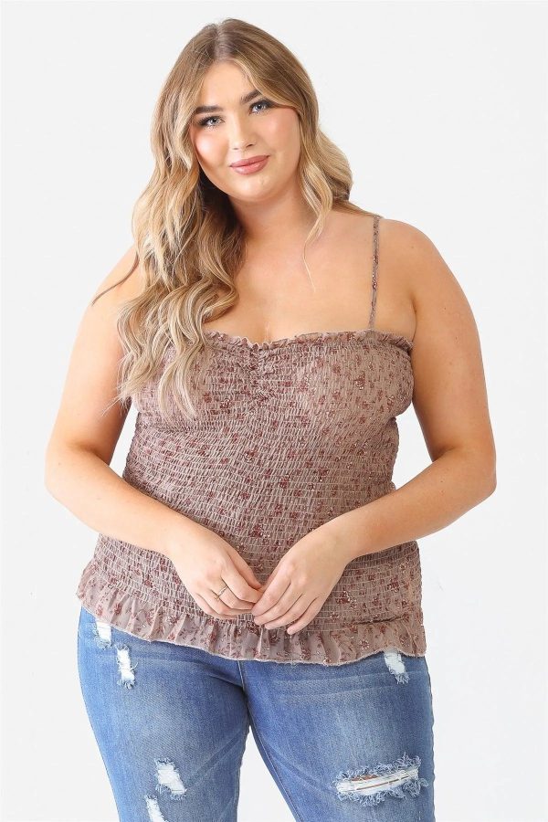 Junior Plus Size Mocha Floral Ruched Sleeveless Top - Image 1